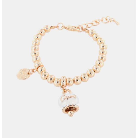 Bracciale in Metallo maglia a sfere, con campanella scritta capri pendente impreziosita da cristalli e smalto bianco