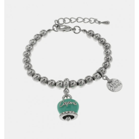 Bracciale in Metallo con campanella pendente verde marino con scritta Capri