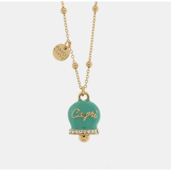 Collana in Metallo con campanella grande turchese e scritta Capri impreziosito da cristalli bianchi