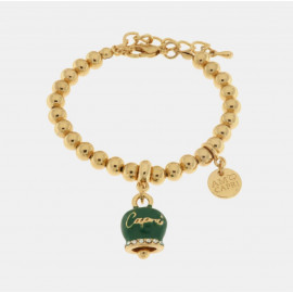 Bracciale in Metallo con campanella scritta capri pendente impreziosita da cristalli e smalto verde