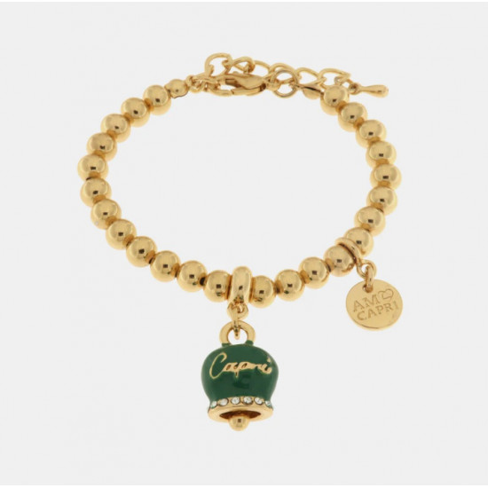 Bracciale in Metallo con campanella scritta capri pendente impreziosita da cristalli e smalto verde