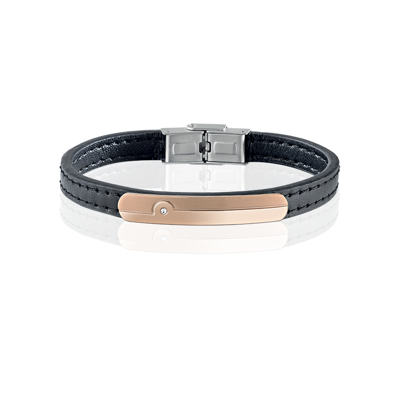 Bracciale uomo Sector Basic acciaio oro rosa e cuoio nero